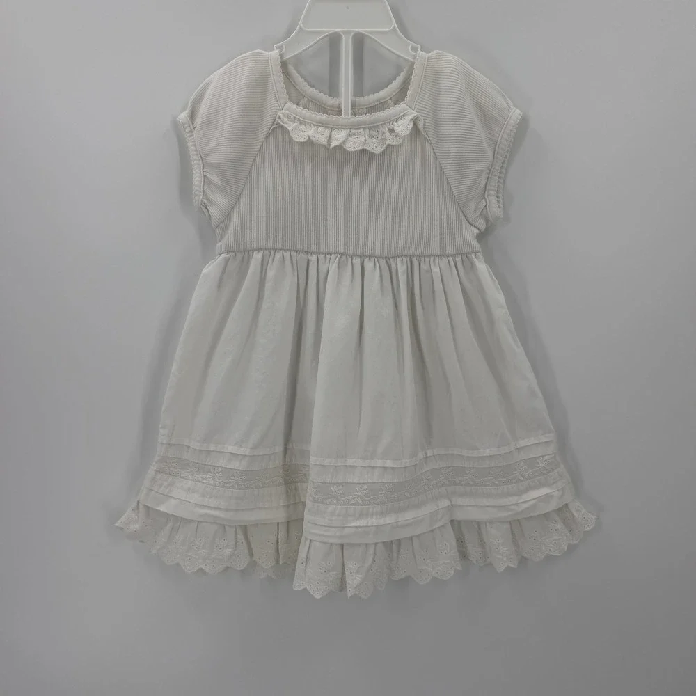 OshKosh B'gosh Dress Eyelet Lace Ruffle Ribbed 18 Mos White Cottagecore